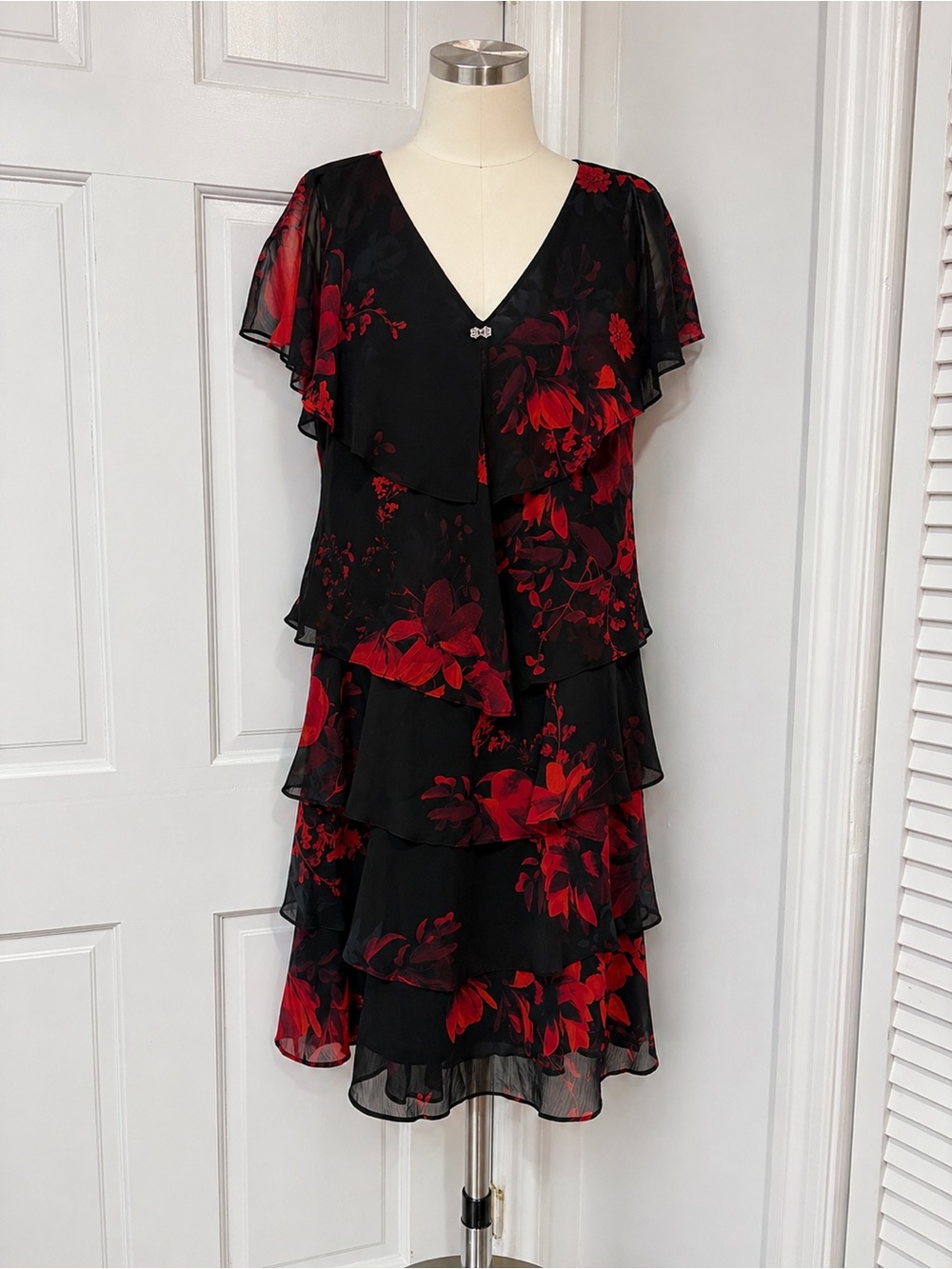 SLNY Black Dress with Red Floral Tiered V-Neck